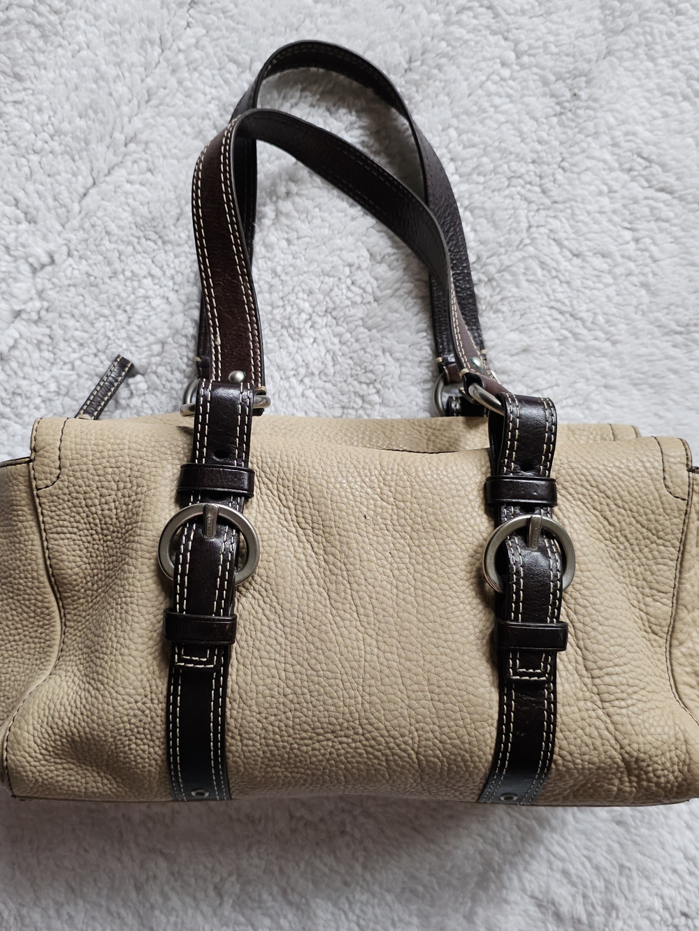 Vtg Y2k Coach Chelsea Beige Pebbled Leather Shoulder Bag Dark Brown Trim Satchel
